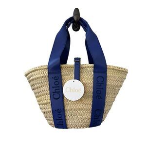 Chloe Sense Medium Basket Palm Woven Leather Handle Shopper Tote Bag Blue